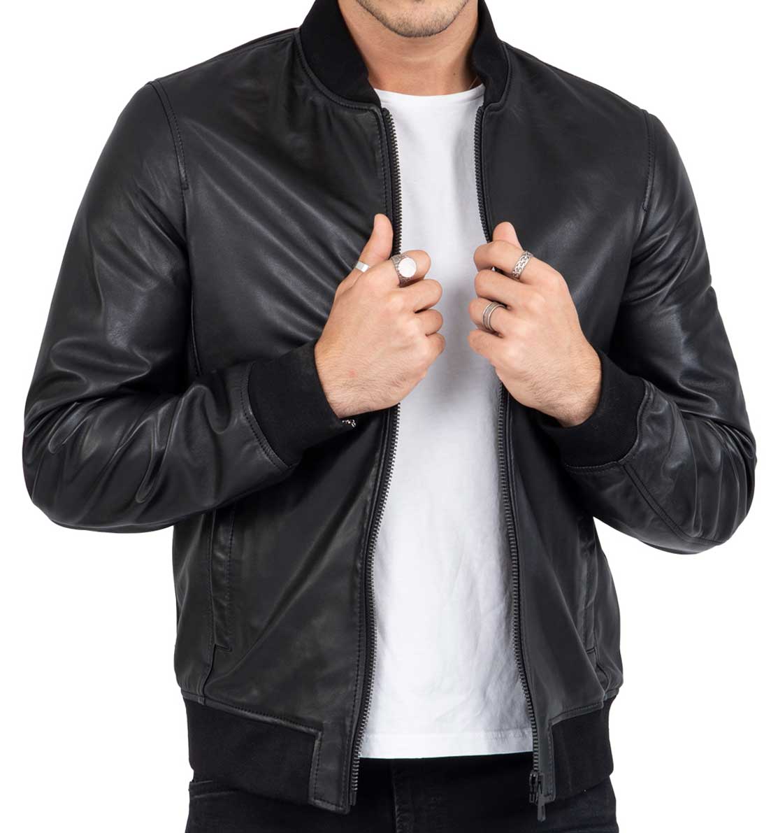 Chaqueta bomber negra de piel de cordero auténtica para hombre, corte regular - B203