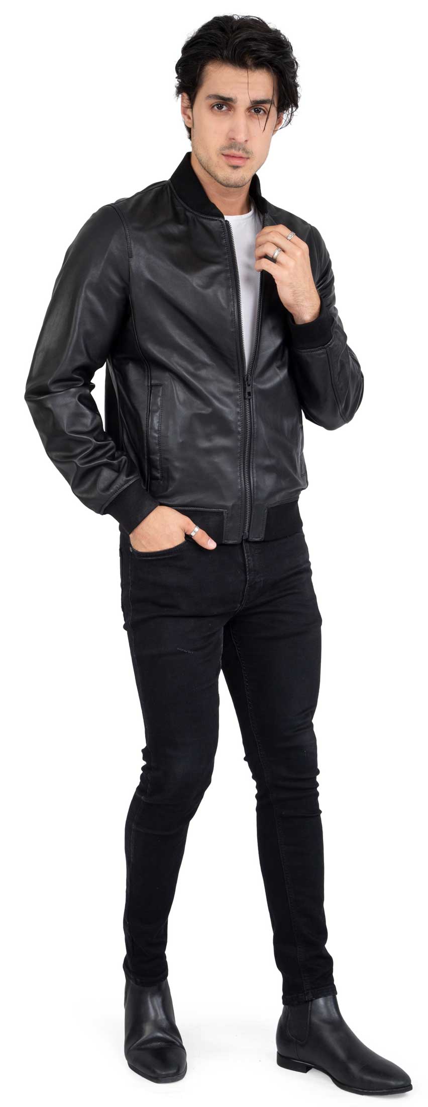 Chaqueta bomber negra de piel de cordero auténtica para hombre, corte regular - B203