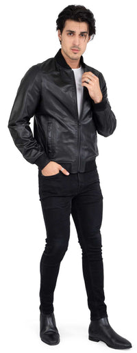 Chaqueta bomber negra de piel de cordero auténtica para hombre, corte regular - B203