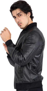 Chaqueta bomber negra de piel de cordero auténtica para hombre, corte regular - B203
