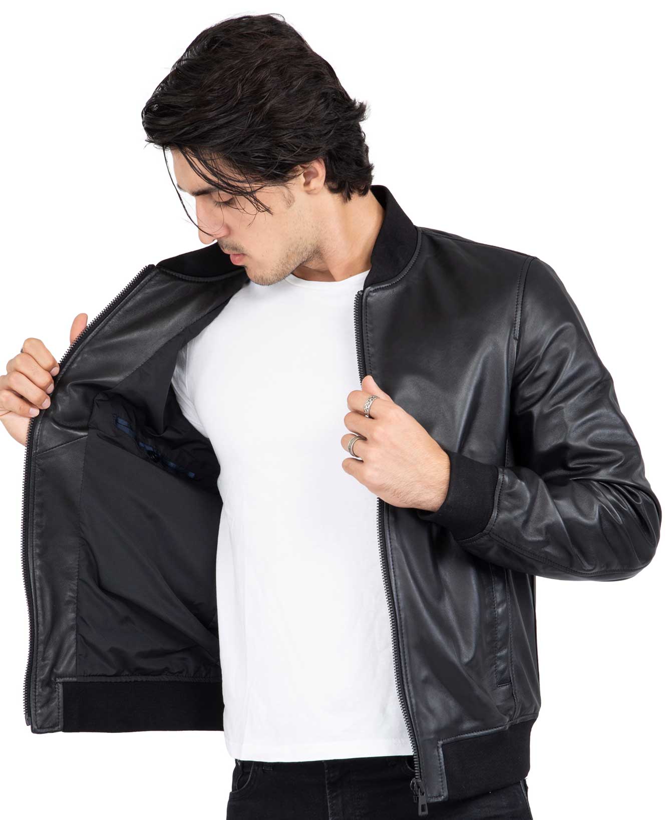 Chaqueta bomber negra de piel de cordero auténtica para hombre, corte regular - B203