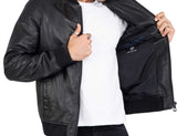 Chaqueta bomber negra de piel de cordero auténtica para hombre, corte regular - B203