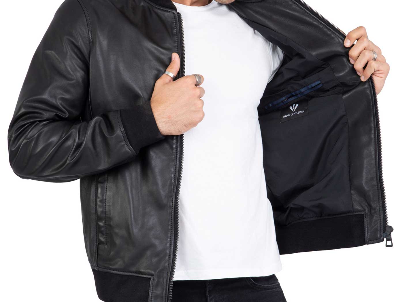 Chaqueta bomber negra de piel de cordero auténtica para hombre, corte regular - B203
