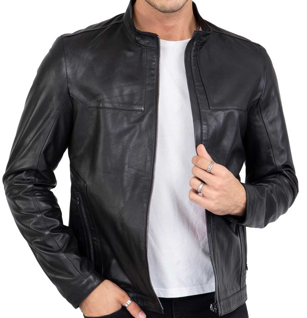 Chaqueta de motorista negra de piel de cordero de primera calidad para hombre, corte entallado - B207