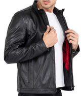 Chaqueta de motorista negra de piel de cordero de primera calidad para hombre, corte entallado - B207