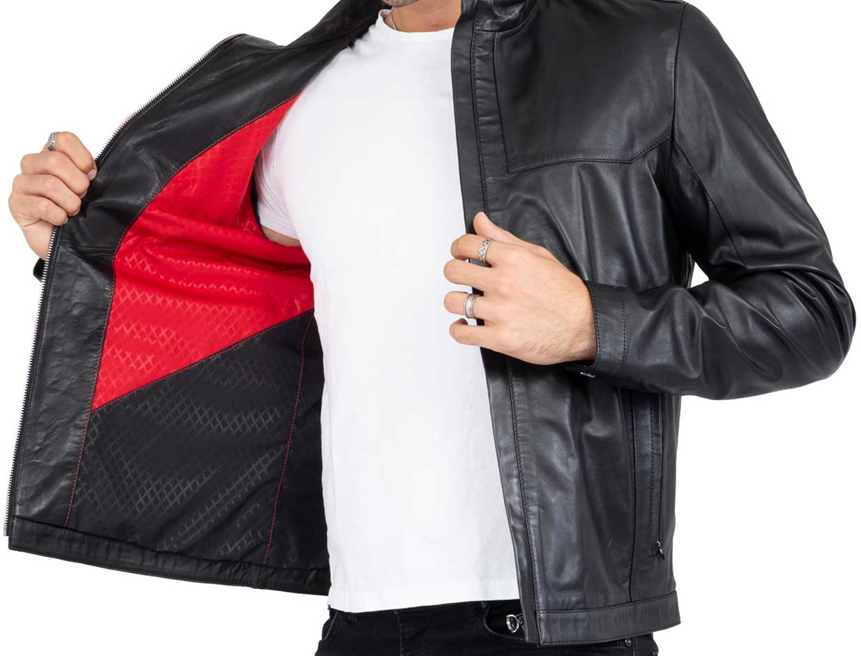 Chaqueta de motorista negra de piel de cordero de primera calidad para hombre, corte entallado - B207