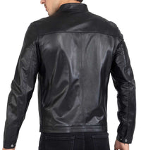 Chaqueta de motorista negra de piel de cordero de primera calidad para hombre, corte entallado - B207