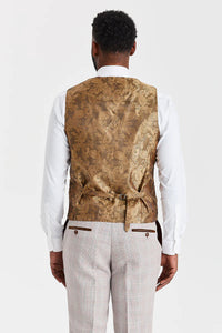 Traje Leo Beige con chaleco de tweed marrón Harris en contraste