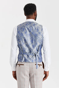 Traje Leo Beige con chaleco Harris de tweed azul marino