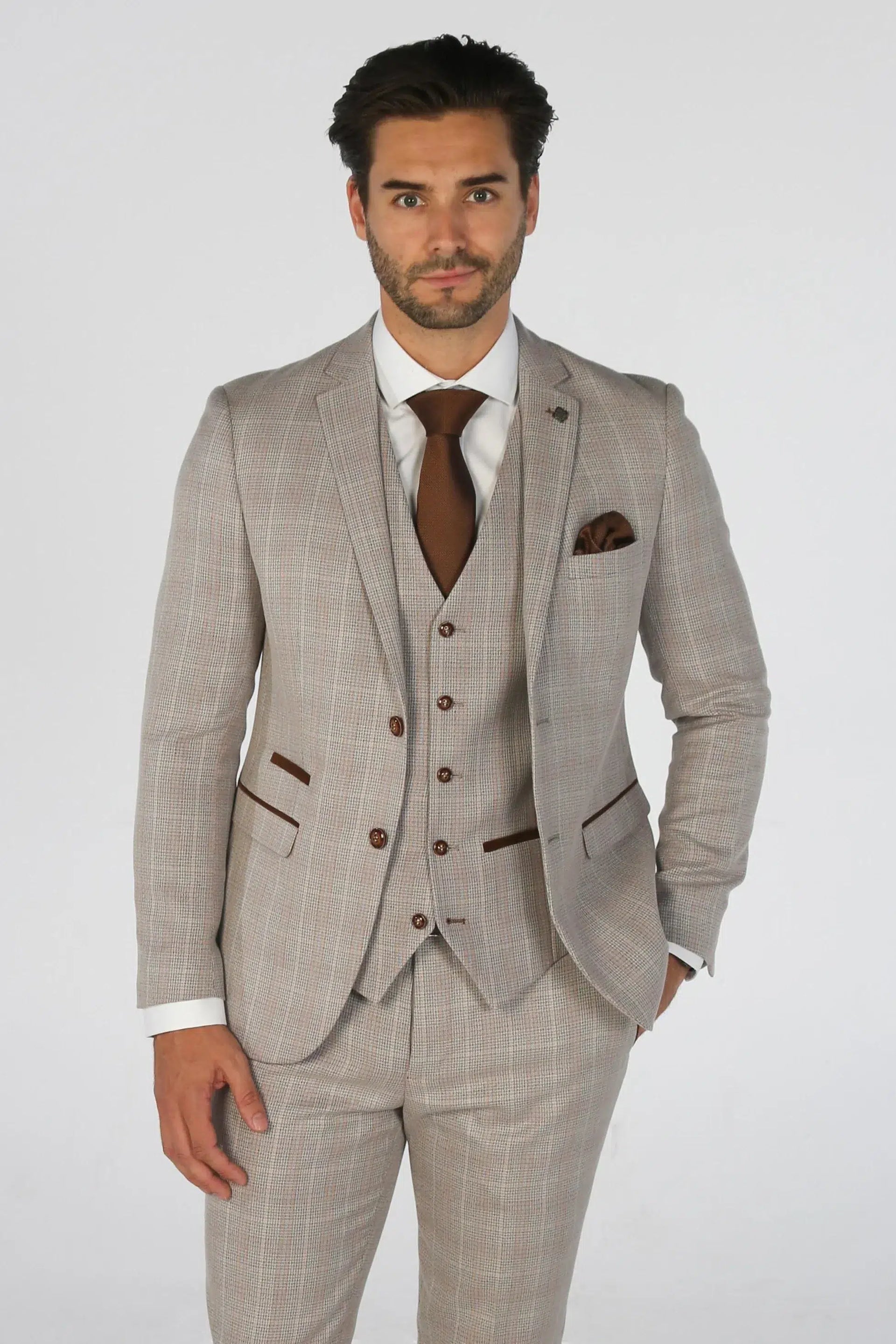 Leo - Traje de hombre de 3 piezas a cuadros color beige, corte entallado