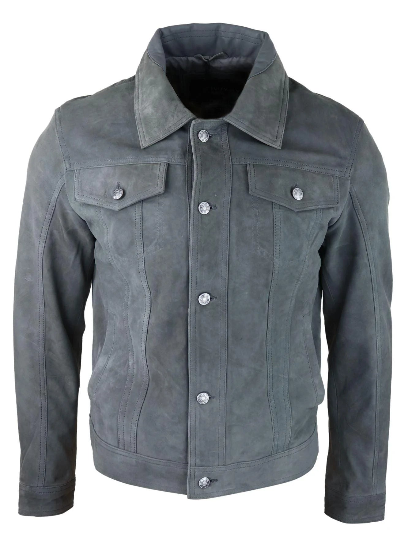 Chaqueta de gamuza auténtica para hombre, pantalones cortos vaqueros de mezclilla, estilo motero clásico vintage gris para hombre.