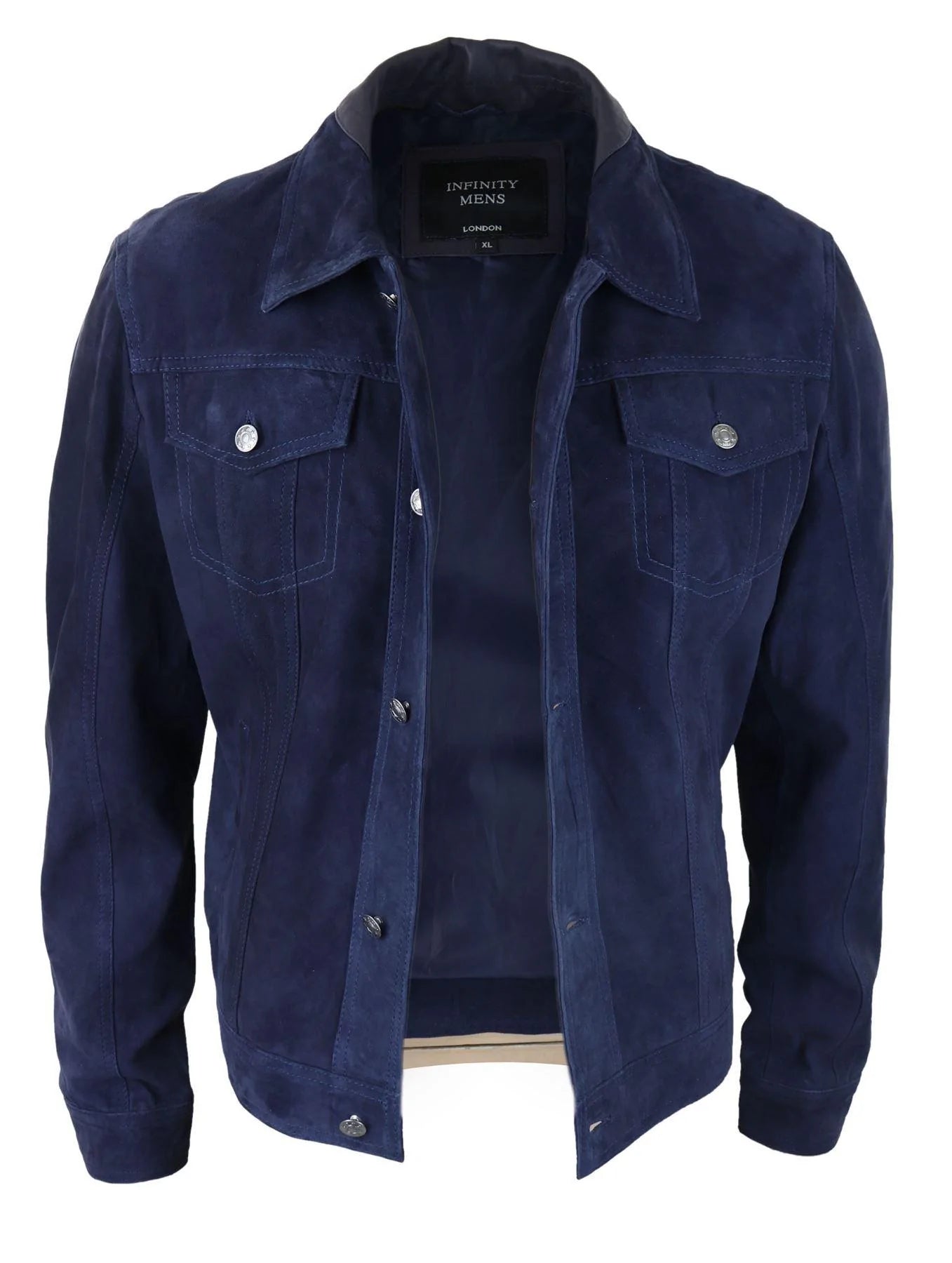 Chaqueta de gamuza auténtica para hombre, pantalones cortos vaqueros de mezclilla, estilo motero clásico vintage azul marino.