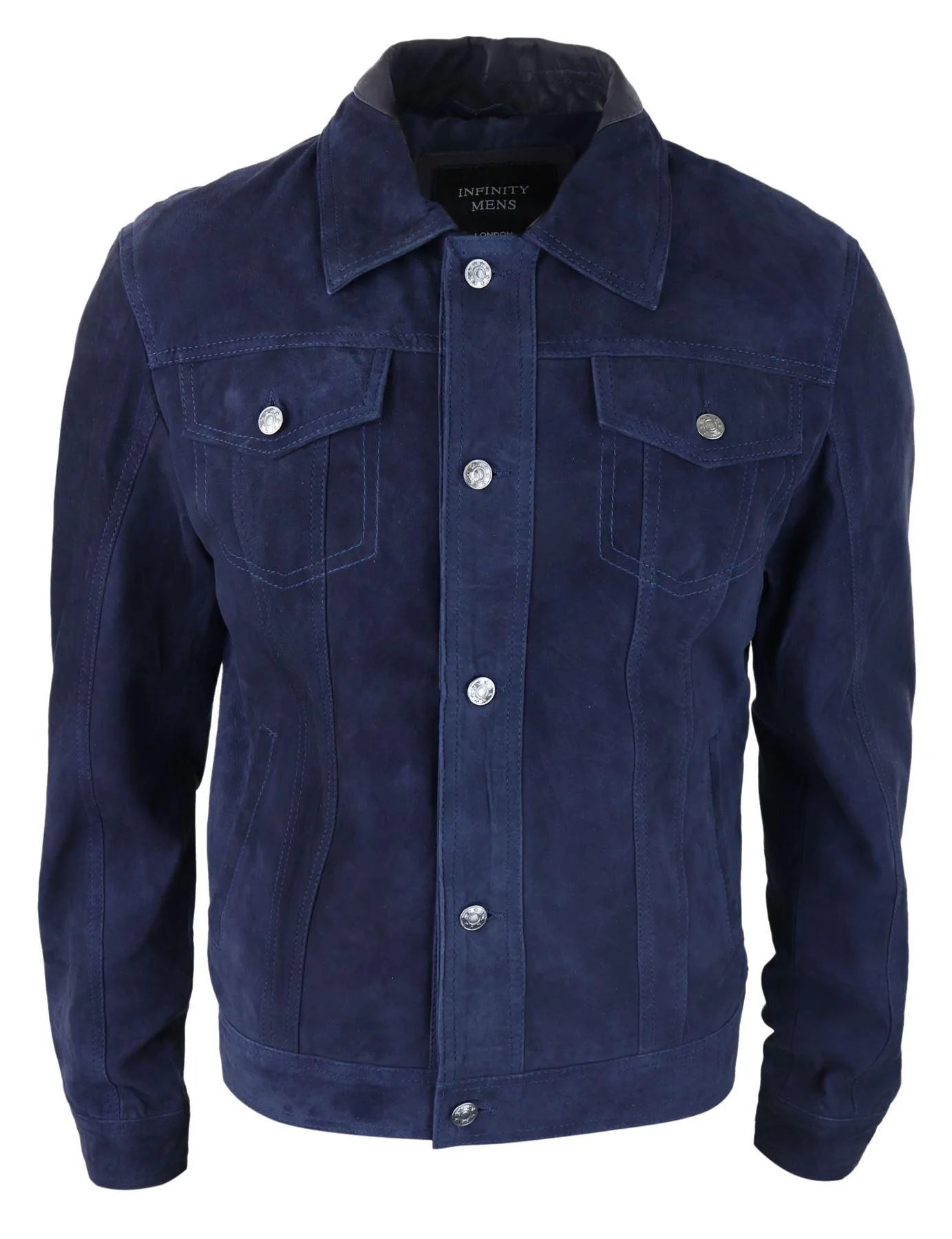 Chaqueta de gamuza auténtica para hombre, pantalones cortos vaqueros de mezclilla, estilo motero clásico vintage azul marino.