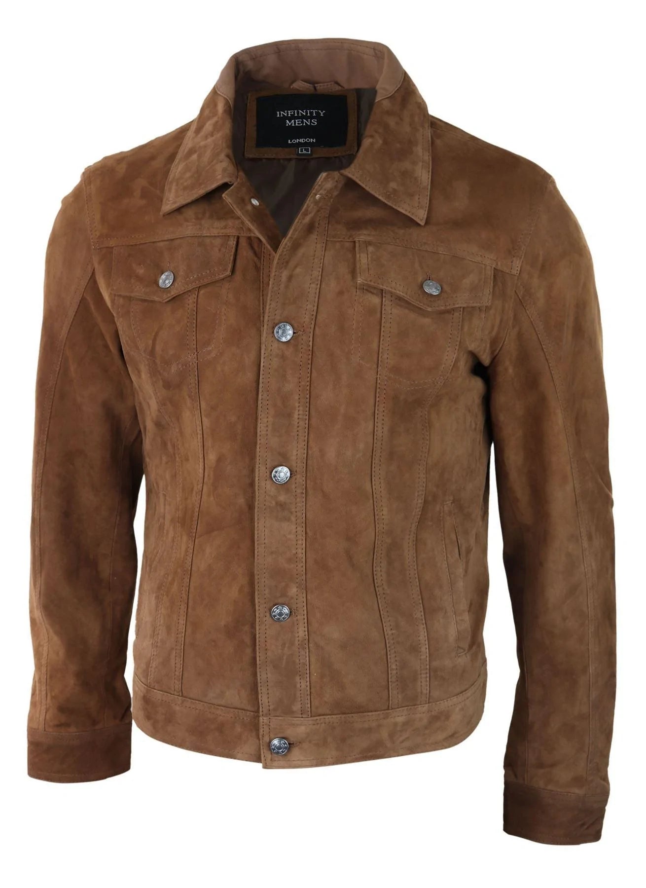 Chaqueta de gamuza auténtica para hombre, pantalones cortos vaqueros de mezclilla, estilo motero clásico vintage para hombre, color tostado.