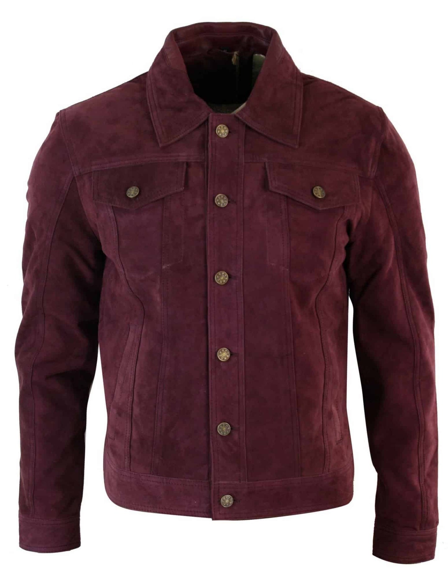 Chaqueta vaquera corta estilo retro vintage para hombre, de ante auténtico, color burdeos.