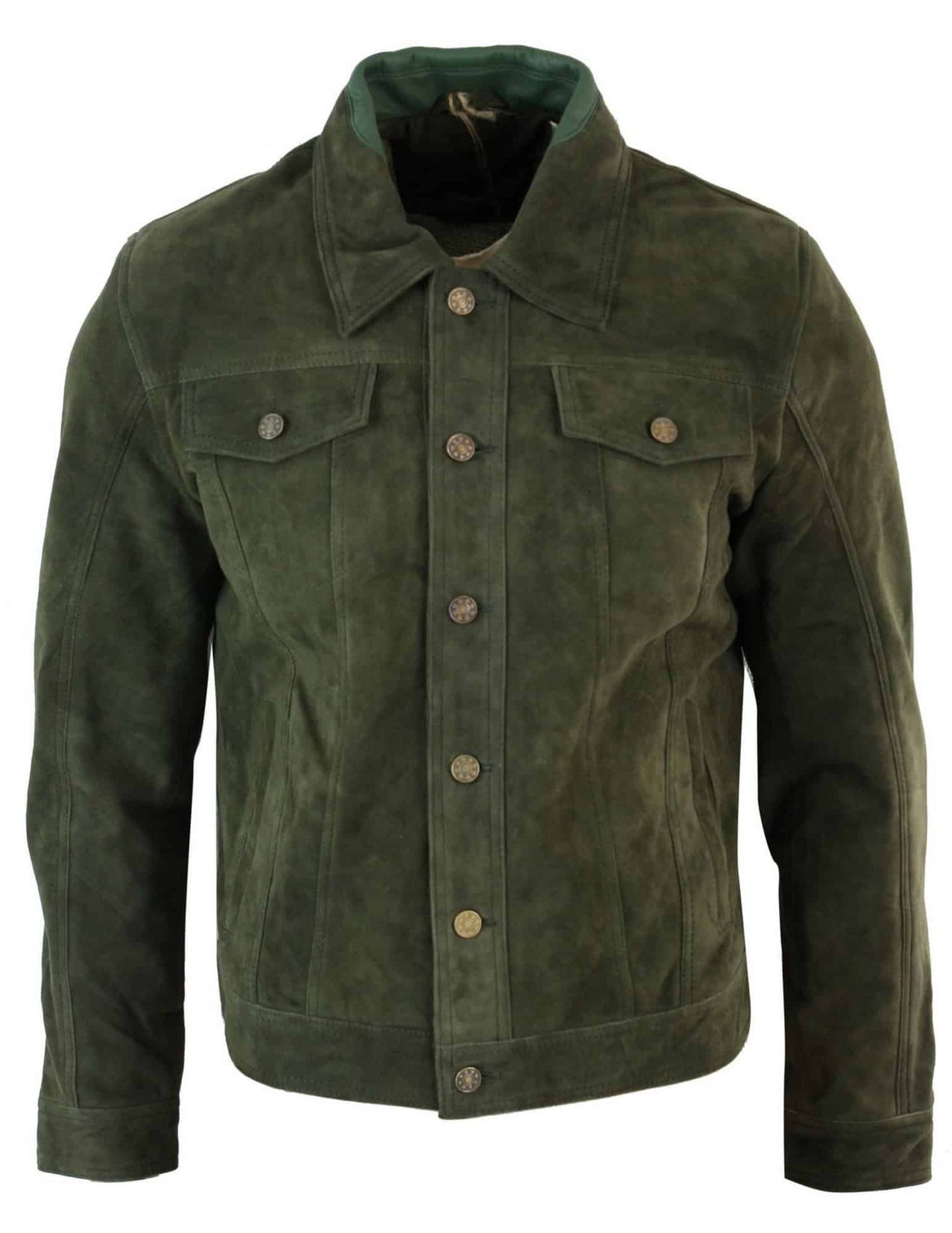 Chaqueta vaquera corta estilo retro vintage para hombre, de ante auténtico, color oliva.