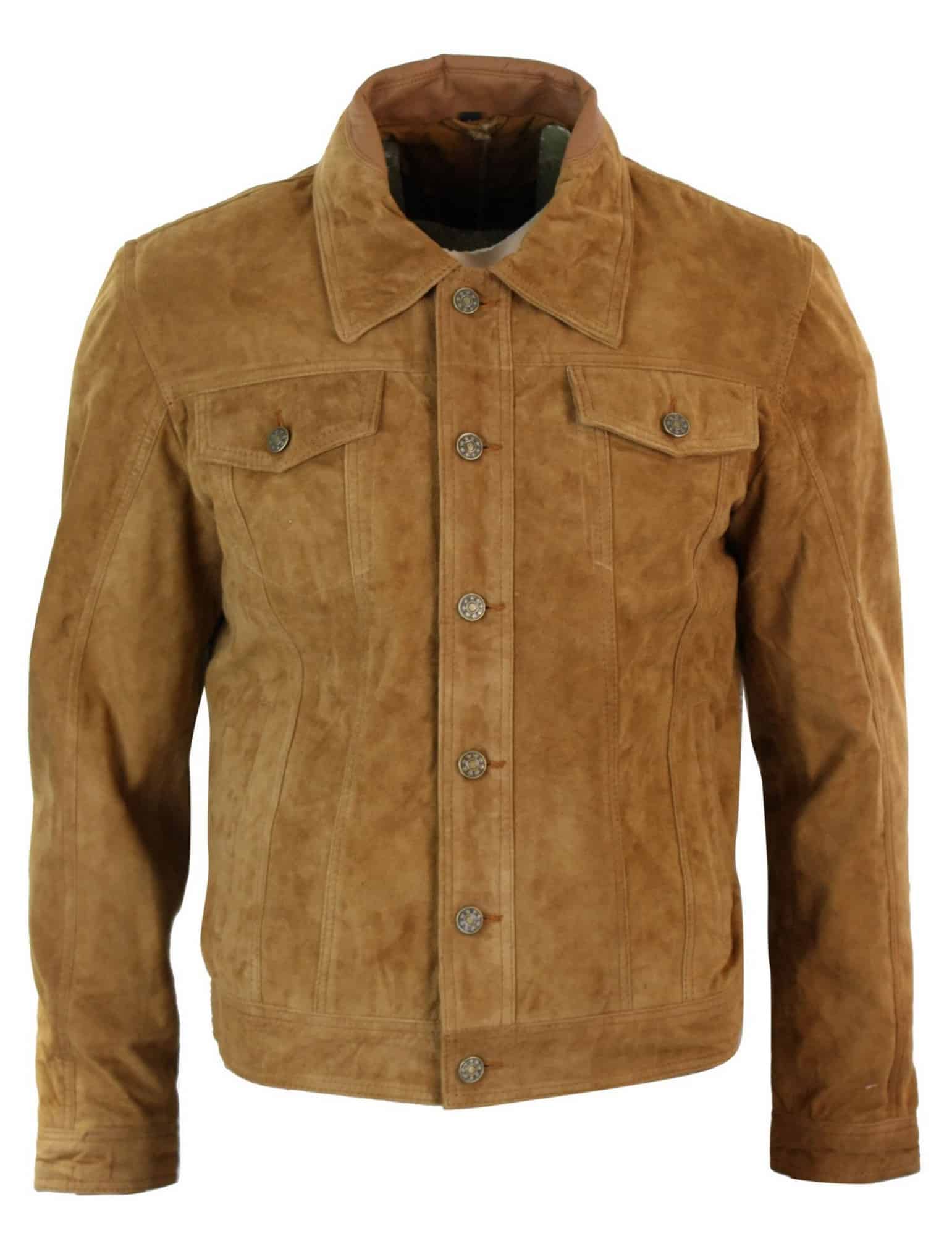 Chaqueta vaquera corta estilo retro vintage para hombre, de ante auténtico, color marrón.