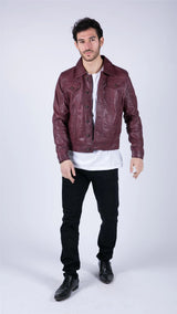 Chaqueta de piel auténtica para hombre, estilo retro vaquero burdeos, Brando Classic