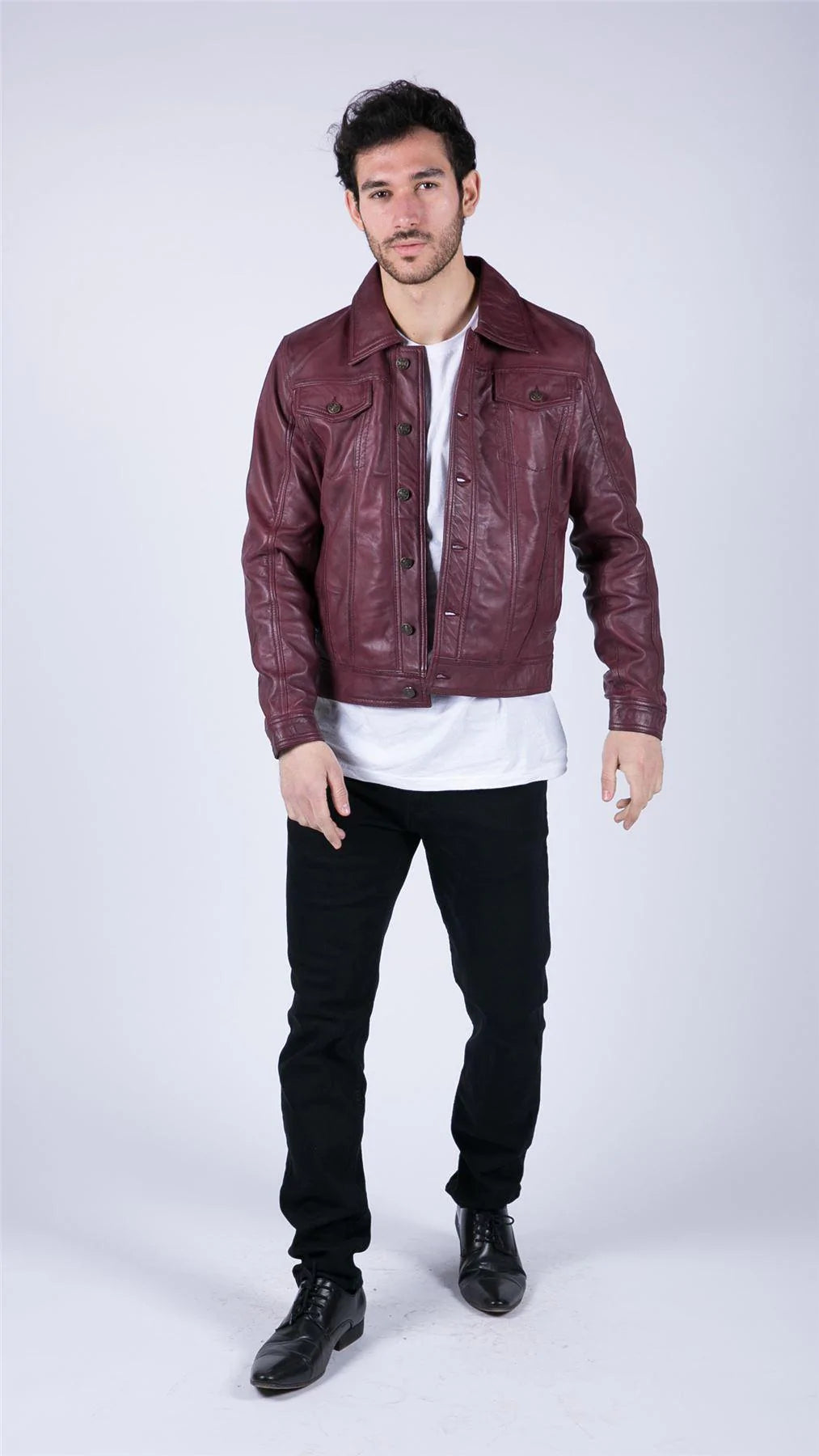 Chaqueta de piel auténtica para hombre, estilo retro vaquero burdeos, Brando Classic