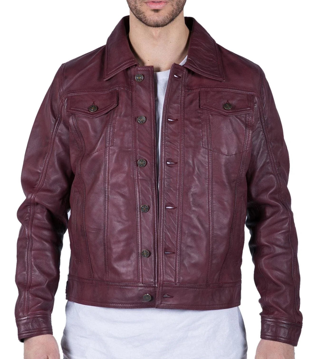 Chaqueta de piel auténtica para hombre, estilo retro vaquero burdeos, Brando Classic