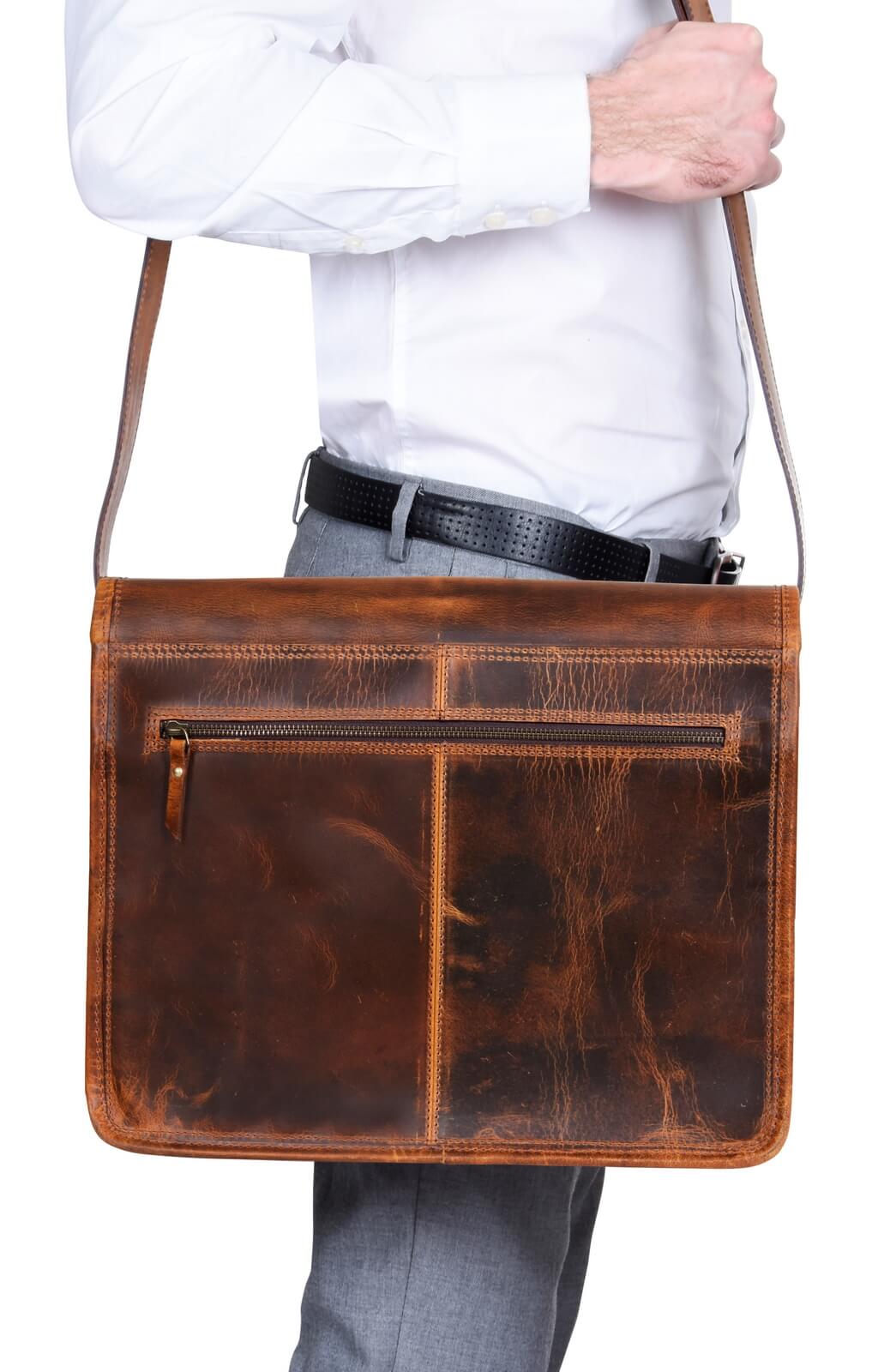 Bolso bandolera para portátil de piel auténtica - Hasta 15" - Marrón claro