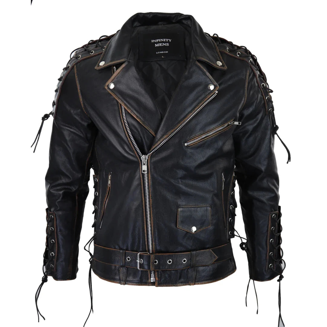 Chaqueta de cuero de vaca para hombre Live To Ride Original Cross Zip Brando Biker Motorcycle