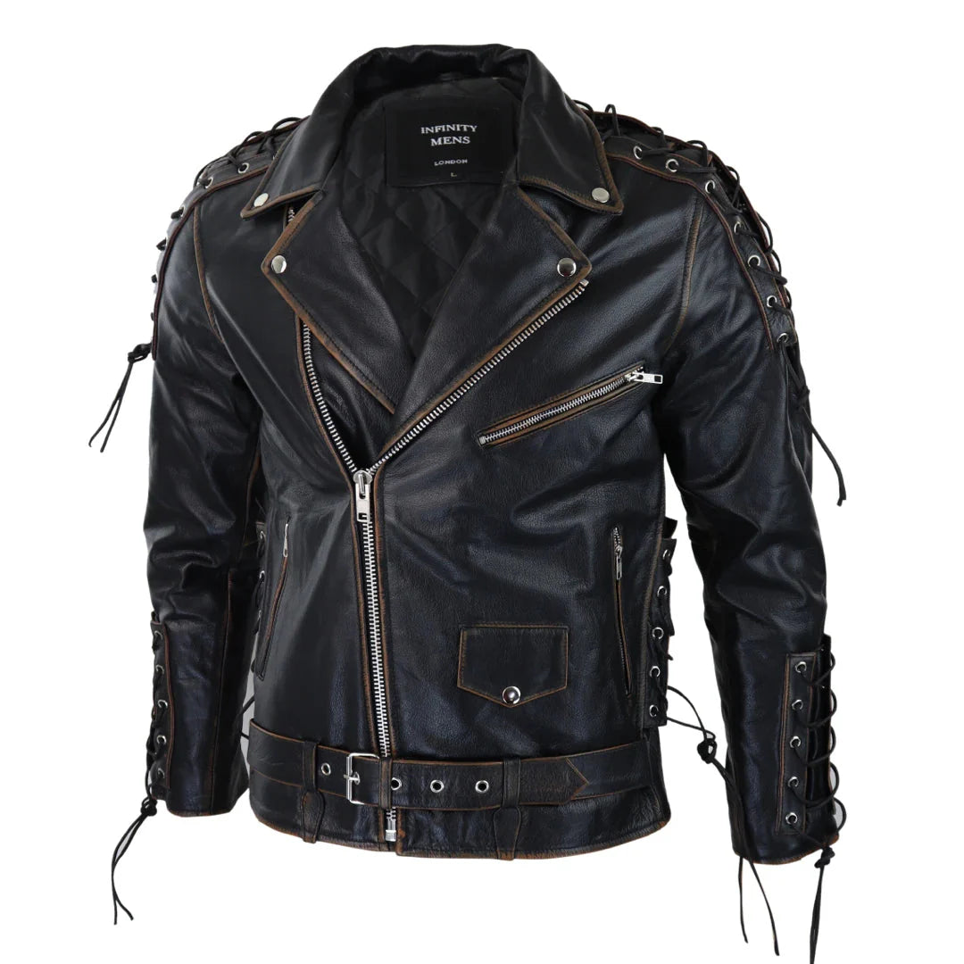 Chaqueta de cuero de vaca para hombre Live To Ride Original Cross Zip Brando Biker Motorcycle