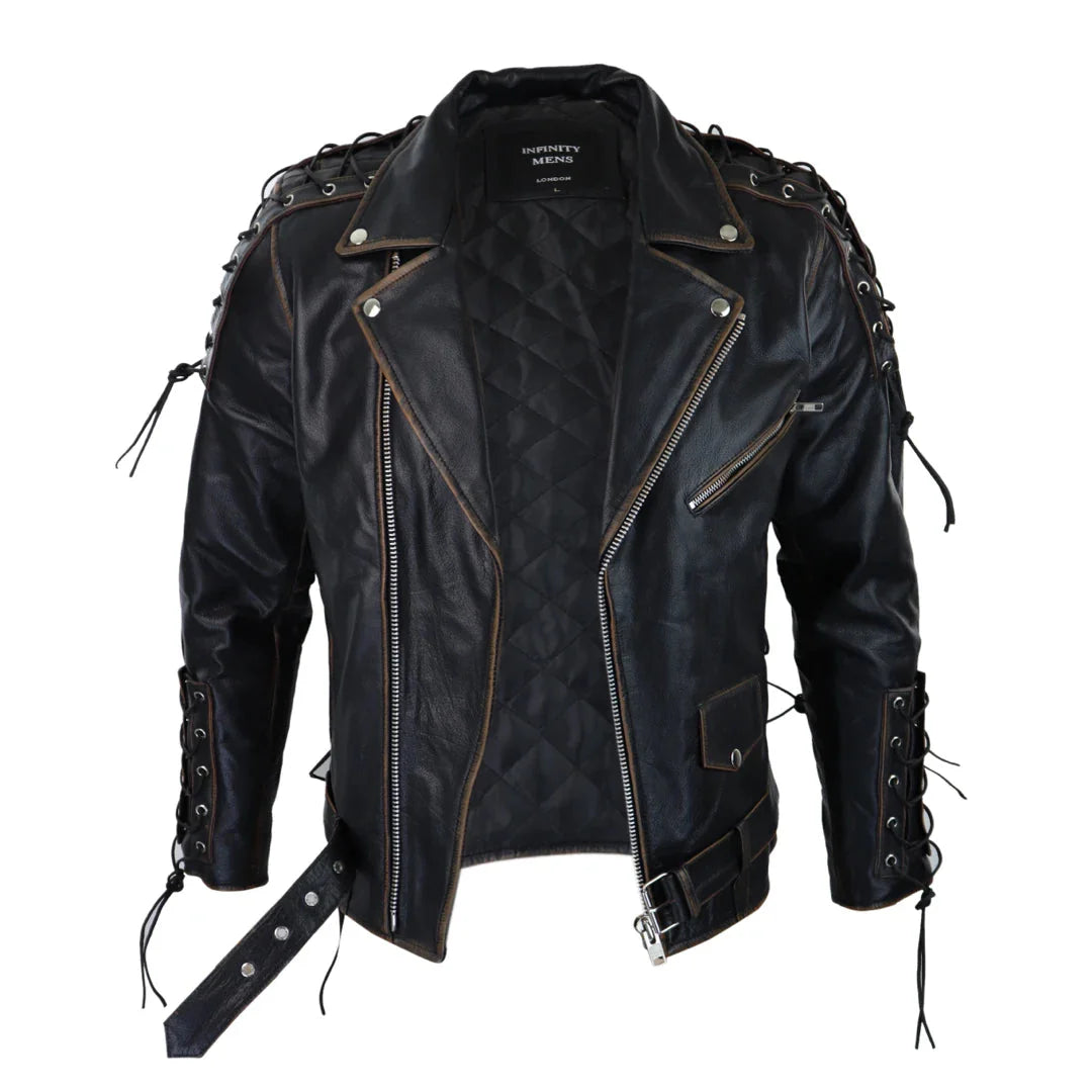 Chaqueta de cuero de vaca para hombre Live To Ride Original Cross Zip Brando Biker Motorcycle