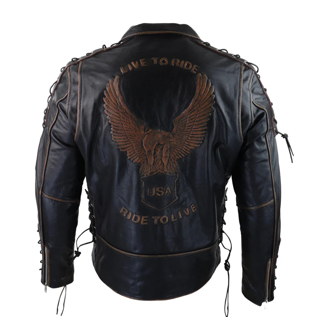 Chaqueta de cuero de vaca para hombre Live To Ride Original Cross Zip Brando Biker Motorcycle