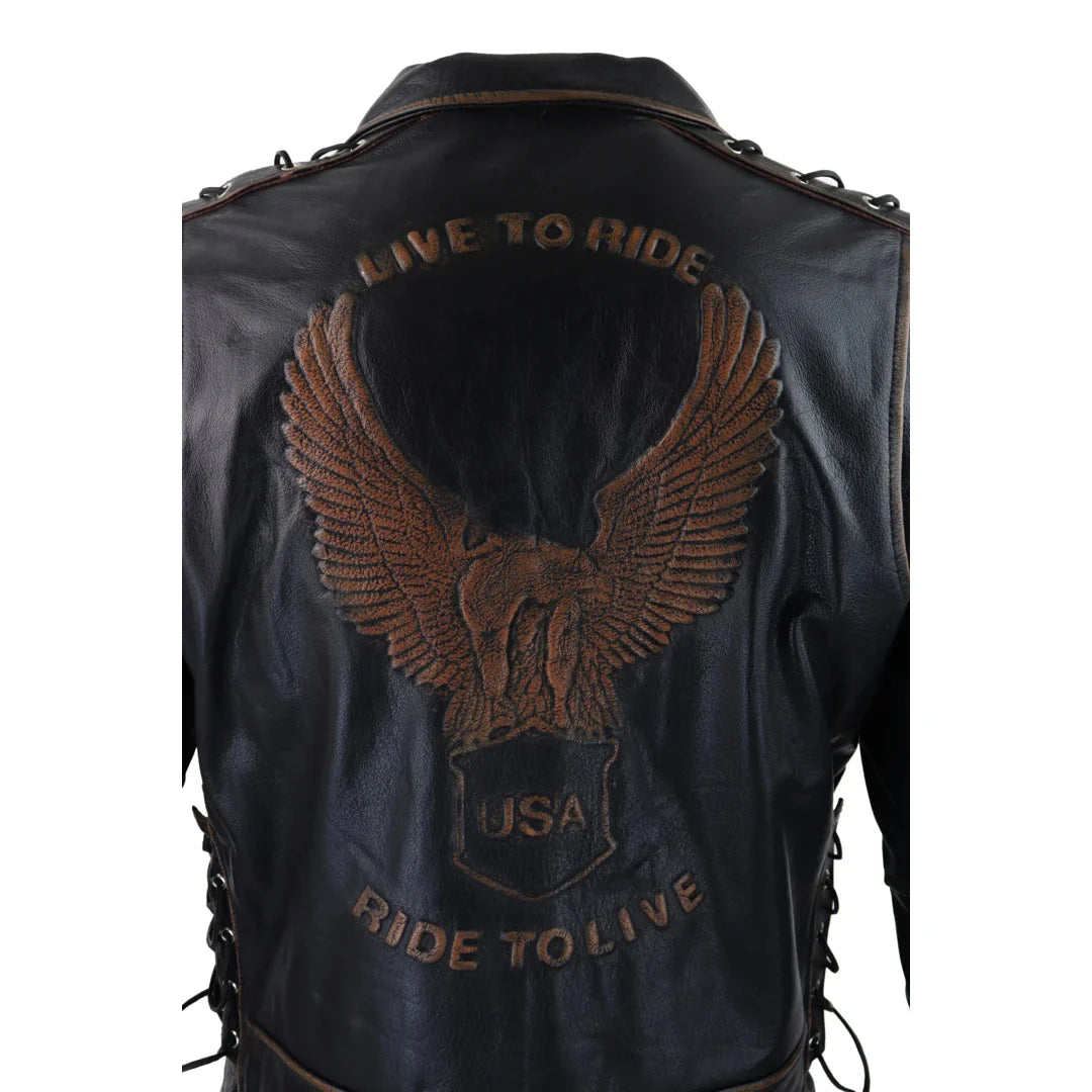 Chaqueta de cuero de vaca para hombre Live To Ride Original Cross Zip Brando Biker Motorcycle