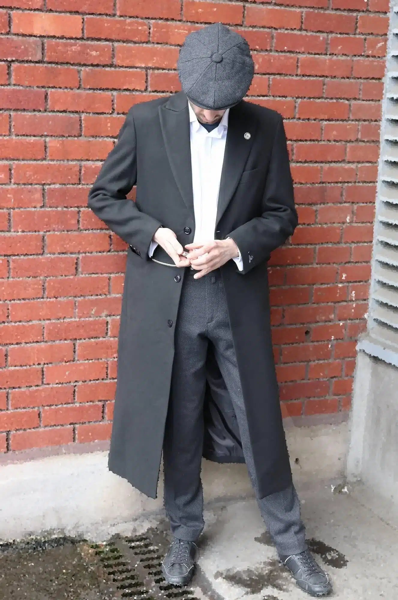 Abrigo largo para hombre, estilo gabardina, de tacto lanudo, color carbón, estilo años 20.