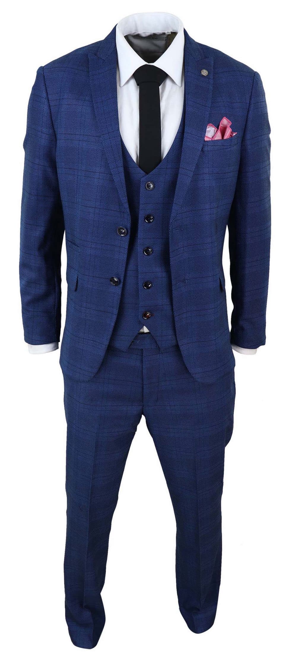Traje de tres piezas a cuadros azules de Marc Darcy Jerry