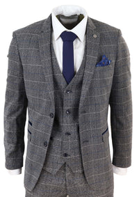 Traje de tres piezas para hombre Marc Darcy Scott, gris con cuadros azules.