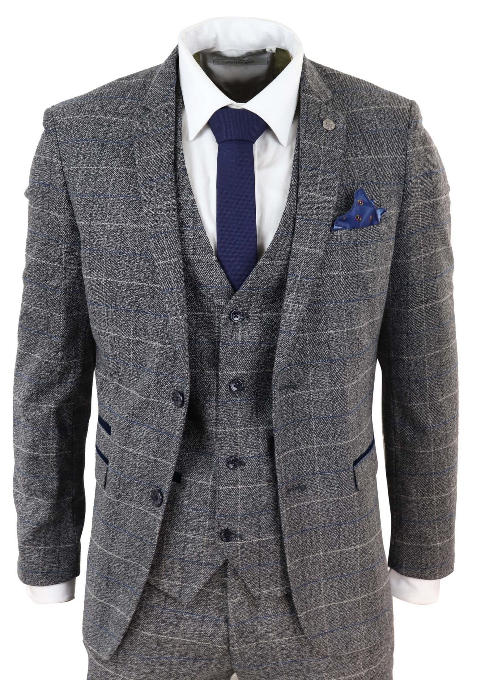 Traje de tres piezas para hombre Marc Darcy Scott, gris con cuadros azules.