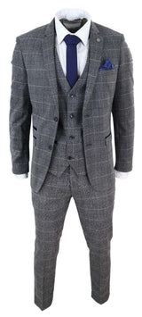 Traje de tres piezas para hombre Marc Darcy Scott, gris con cuadros azules.