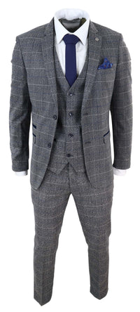 Traje de tres piezas para hombre Marc Darcy Scott, gris con cuadros azules.