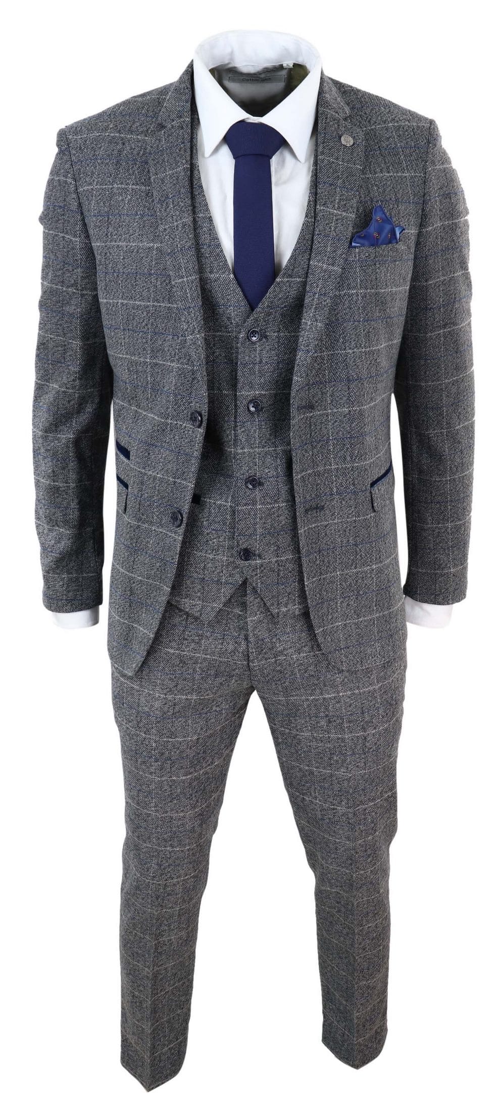 Traje de tres piezas para hombre Marc Darcy Scott, gris con cuadros azules.