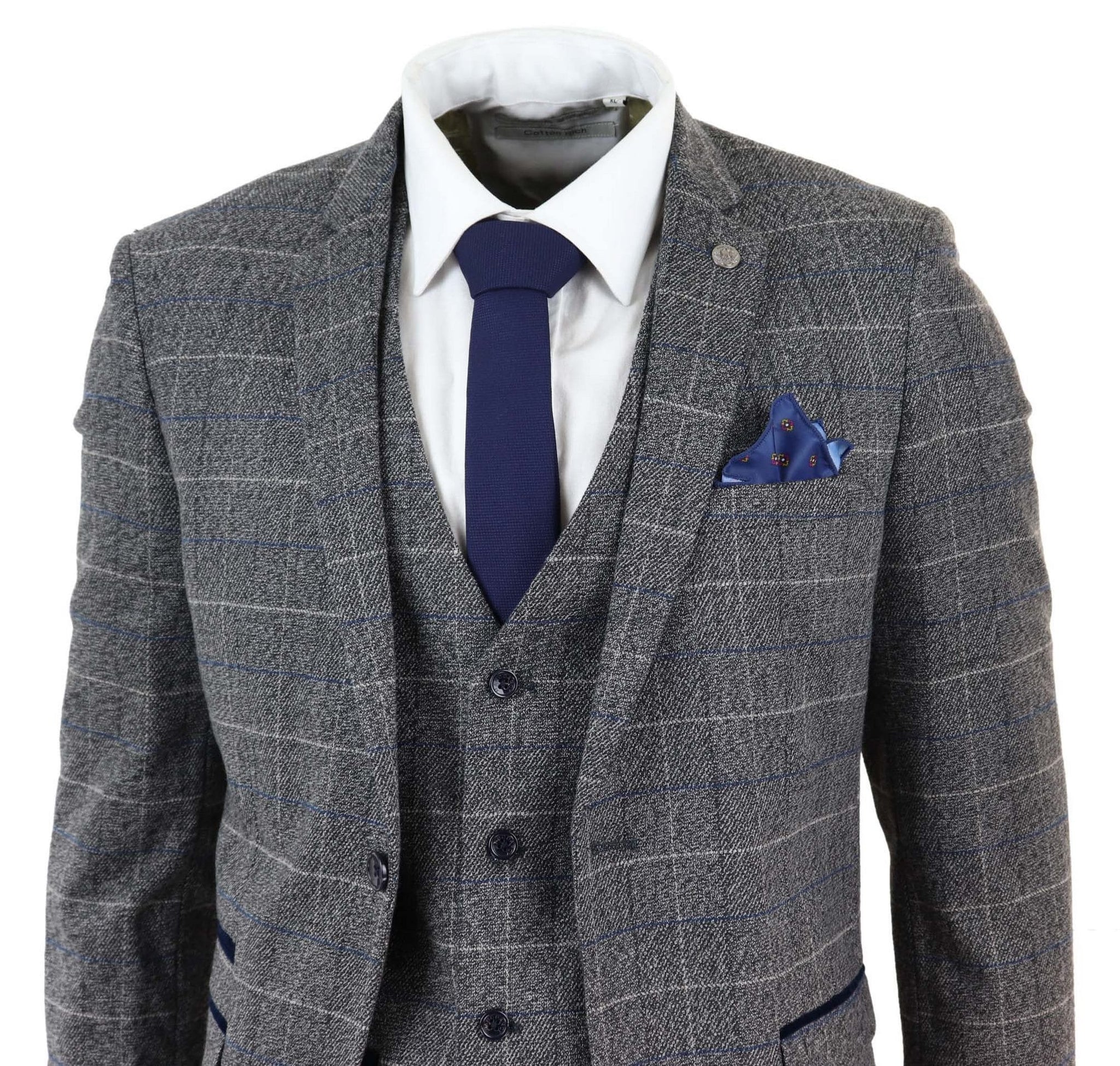 Traje de tres piezas para hombre Marc Darcy Scott, gris con cuadros azules.