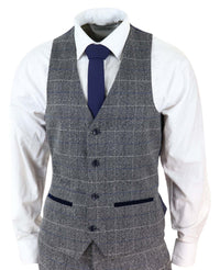 Traje de tres piezas para hombre Marc Darcy Scott, gris con cuadros azules.