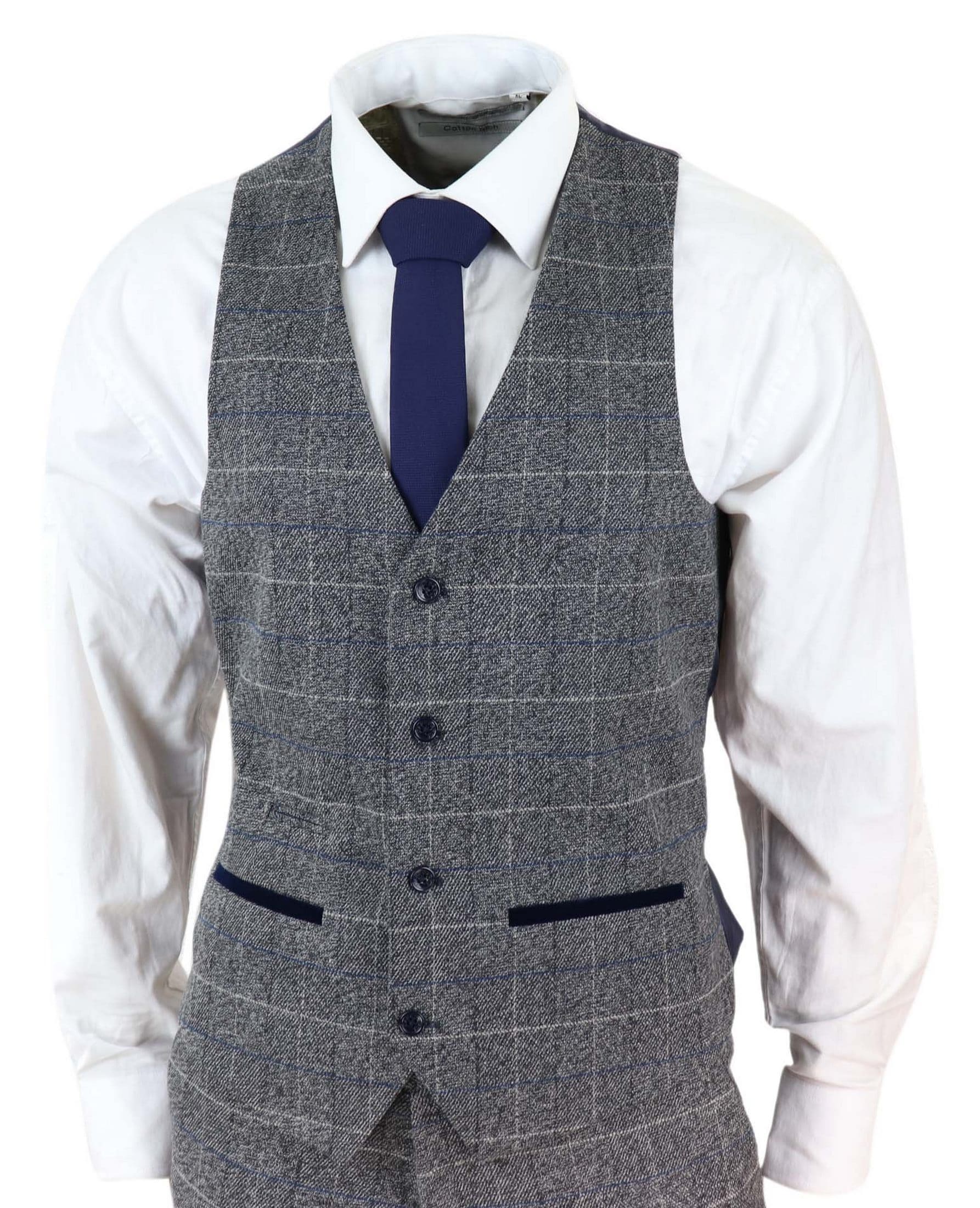 Traje de tres piezas para hombre Marc Darcy Scott, gris con cuadros azules.