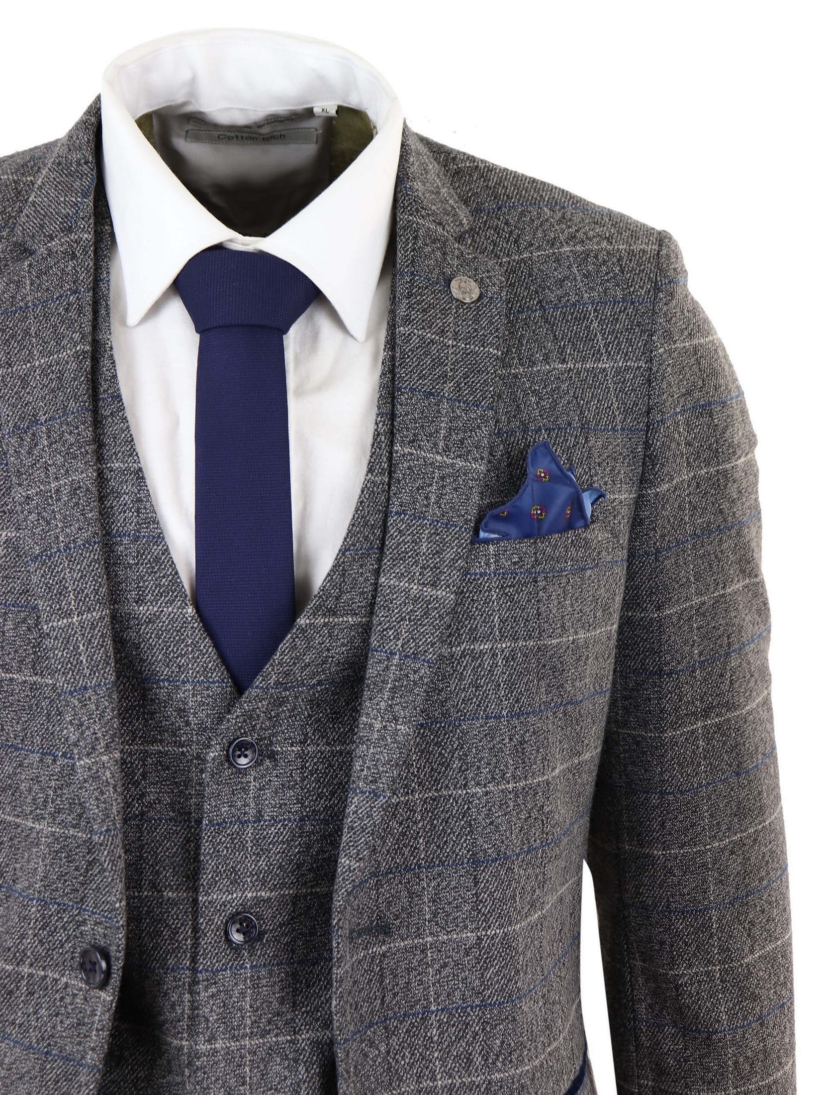 Traje de tres piezas para hombre Marc Darcy Scott, gris con cuadros azules.