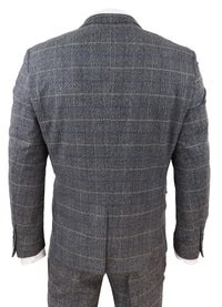 Traje de tres piezas para hombre Marc Darcy Scott, gris con cuadros azules.