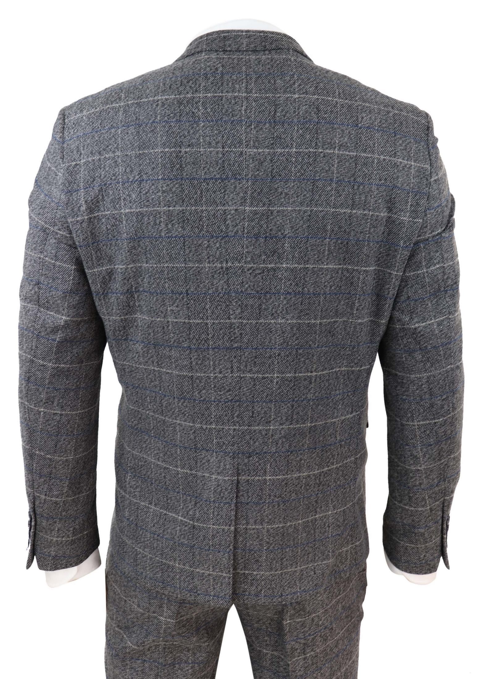 Traje de tres piezas para hombre Marc Darcy Scott, gris con cuadros azules.