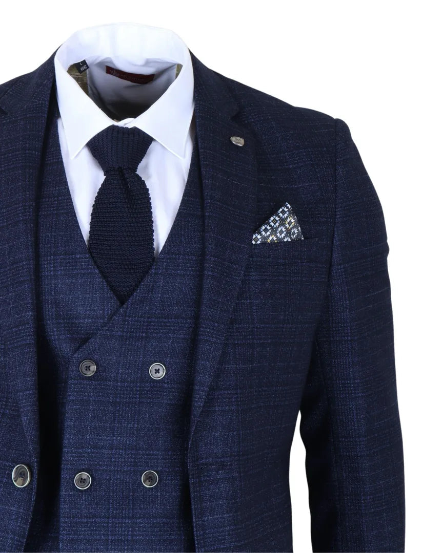 Luis - Traje de tres piezas para hombre, de corte ajustado, a cuadros azules