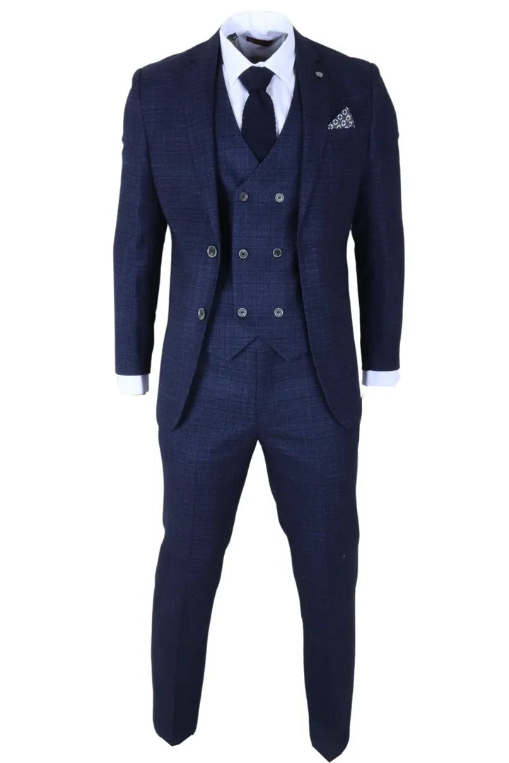 Luis - Traje de tres piezas para hombre, de corte ajustado, a cuadros azules