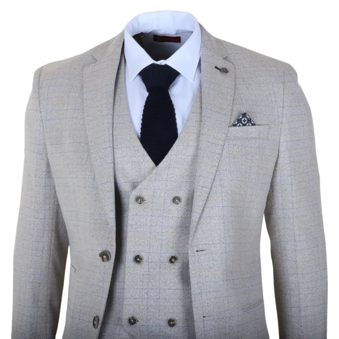 Luis - Traje de tres piezas para hombre, color crema a cuadros, corte ajustado
