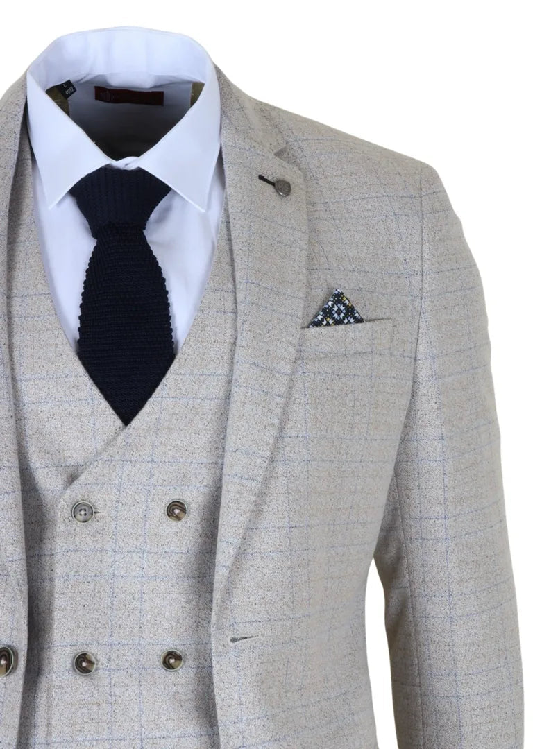 Luis - Traje de tres piezas para hombre, color crema a cuadros, corte ajustado