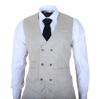 Luis - Traje de tres piezas para hombre, color crema a cuadros, corte ajustado