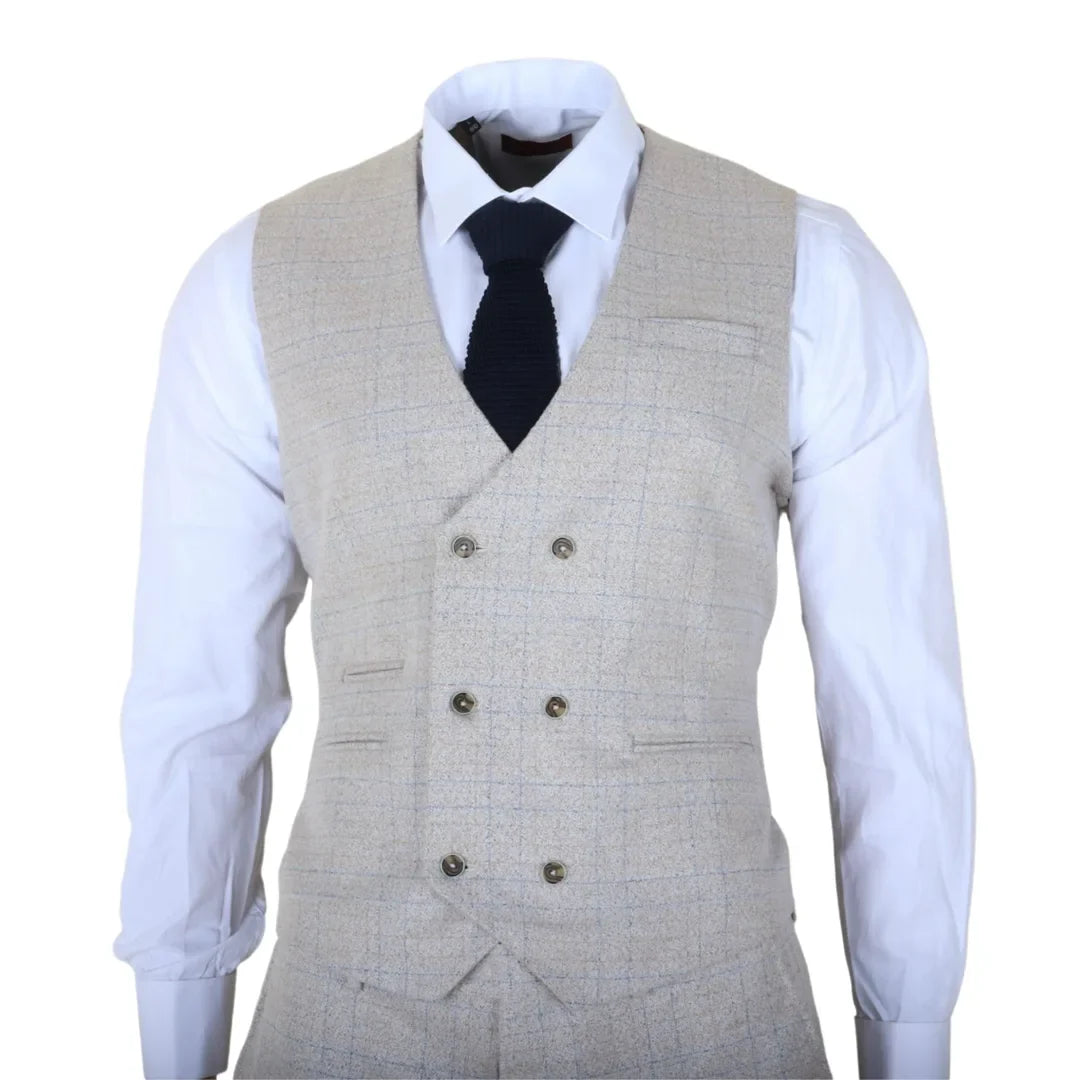 Luis - Traje de tres piezas para hombre, color crema a cuadros, corte ajustado