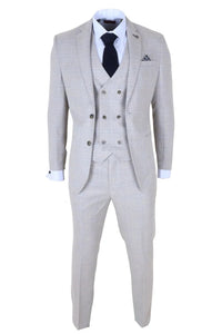 Luis - Traje de tres piezas para hombre, color crema a cuadros, corte ajustado